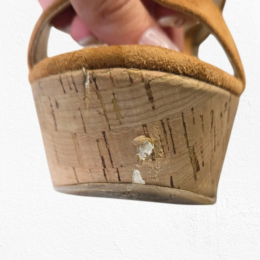 Marc Fisher Shelbee Tan Tawny Suede Slip On Cork Wedge Platform Sandals Size 7.5